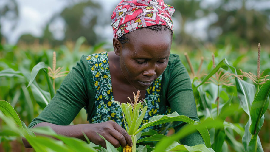 african-woman-farmer-inspecting-maize-plants-field